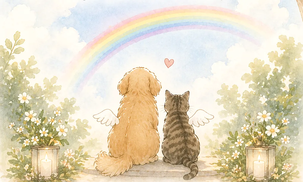 虹の下で寄り添う犬と猫を描いたやさしいお別れのイラスト